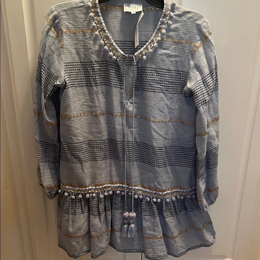 TAJ by Sabrina Crippa Blue and Gold Mini Dress Cover Up Pom Poms